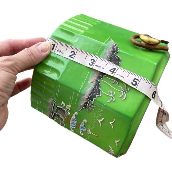 Vintage Japanese Hand-Painted Ceramic Jar with Lid & Handle – Green Pagoda Scene - Picture 9 of 14